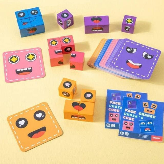 Wooden Emoji Face Changing Cube Puzzle Game