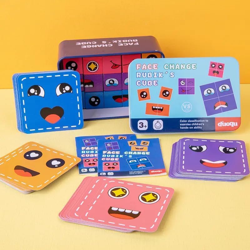 Wooden Emoji Face Changing Cube Puzzle Game