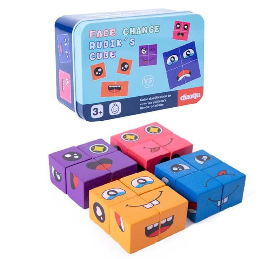 Wooden Emoji Face Changing Cube Puzzle Game